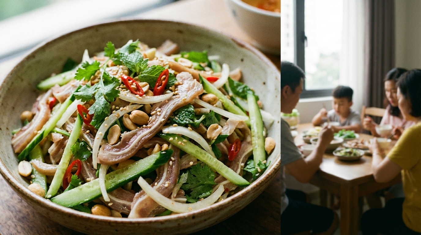 Một bát nộm dưa chuột tai heo giòn mát, món khai vị giàu chất xơ giúp làm chậm quá trình hấp thu đường và chất béo trong bữa cỗ Tết.