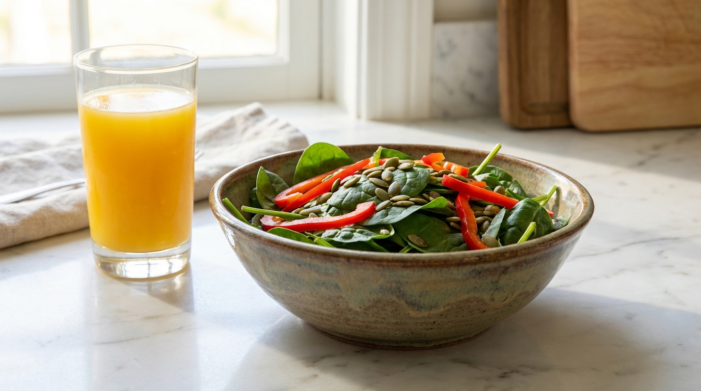 Một đĩa salad rau bina tươi ngon trộn cùng vài lát ớt chuông đỏ và một ly nước cam, minh họa cách tăng hấp thụ sắt cho cơ thể.