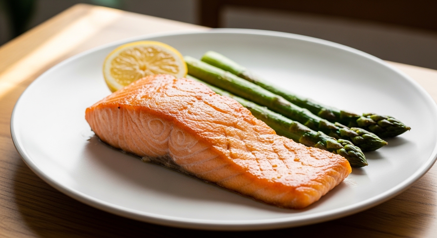 Đĩa cá hồi áp chảo vàng ruộm ăn kèm măng tây xanh mướt, một trong những thực phẩm ít tinh bột giảm cân hàng đầu.