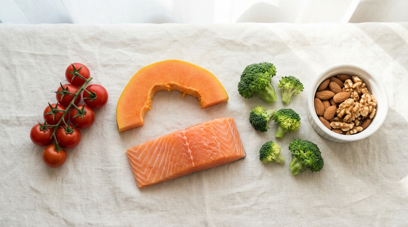 Các loại thực phẩm tốt cho da mụn được bày biện, bao gồm cà chua, đu đủ, cá béo, bông cải xanh và các loại hạt.