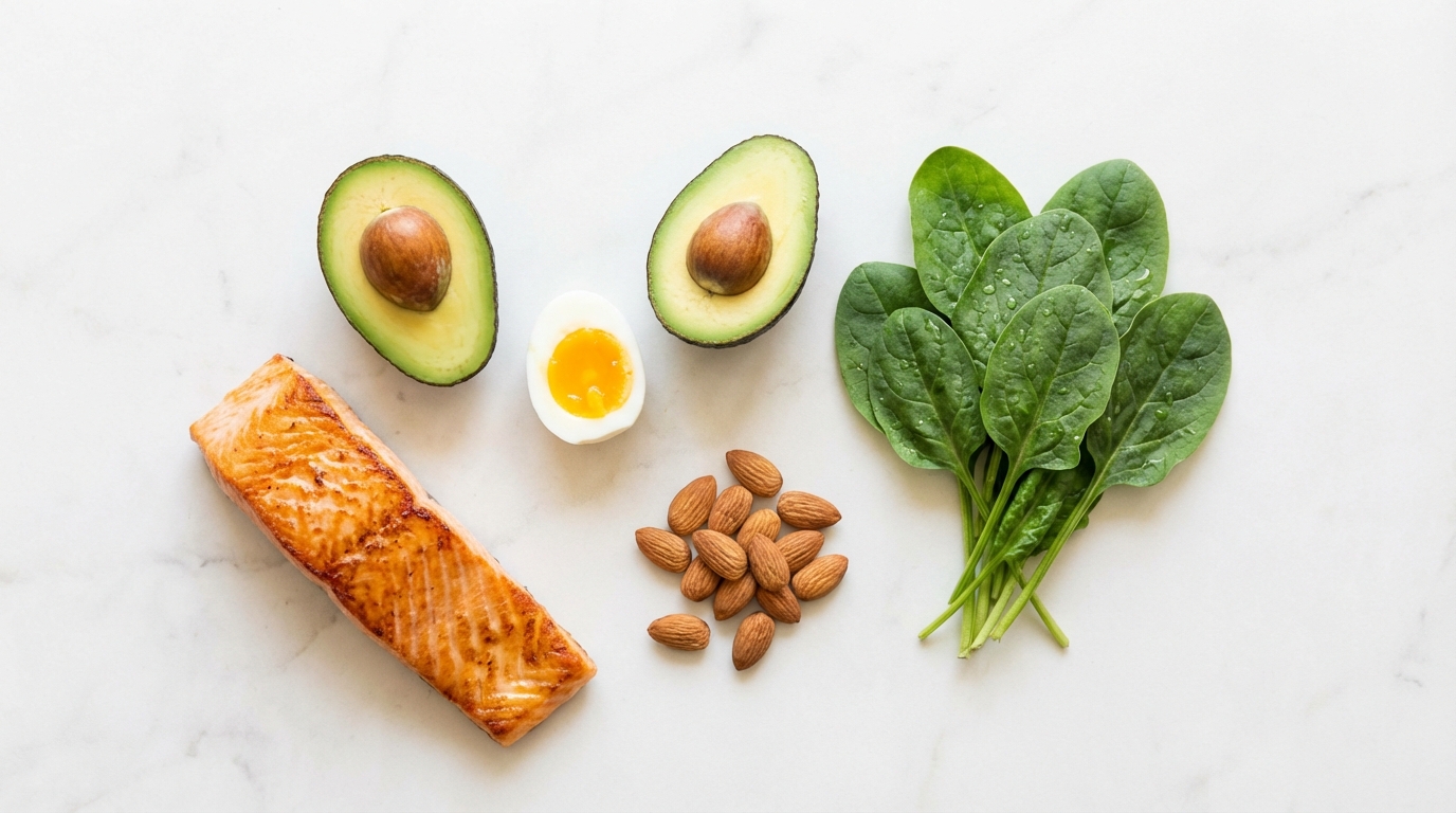 Tổng hợp các loại thực phẩm ít tinh bột giảm cân lành mạnh như cá hồi, trứng, quả bơ và rau xanh được bày biện đẹp mắt trên nền sáng.