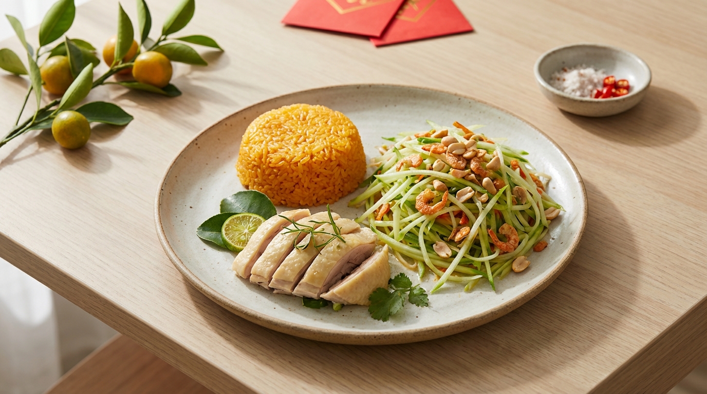 Một người phụ nữ đang áp dụng cách ăn Tết không tăng cân bằng việc thưởng thức một đĩa thức ăn cân bằng với rau, đạm và một ít tinh bột.