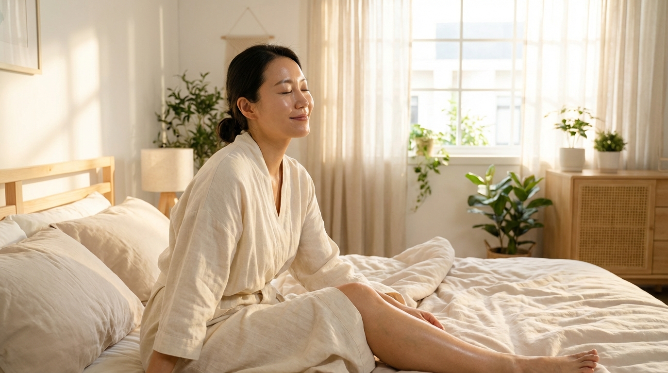 Một phụ nữ khỏe mạnh với làn da sáng mịn và vẻ mặt thư thái, minh họa cho lợi ích cải thiện làn da và giấc ngủ.