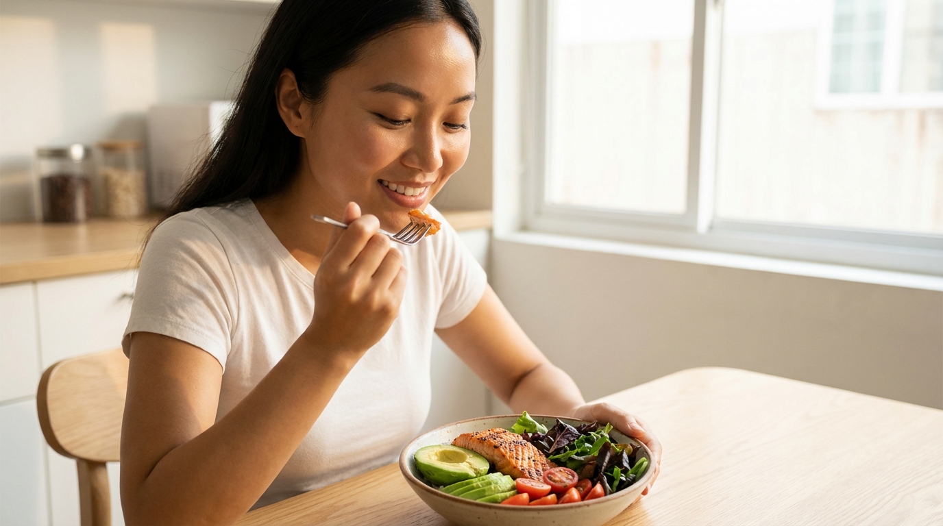 Một phụ nữ có làn da khỏe mạnh đang thưởng thức bát salad đầy màu sắc, ví dụ về việc ăn gì để da sạch mụn.