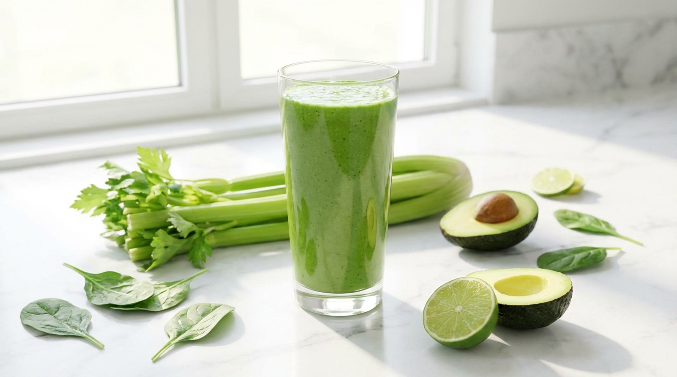 Một ly sinh tố đốt mỡ đẹp da màu xanh tươi mát, đặt trên bàn bếp sáng sủa cùng các nguyên liệu như cần tây và rau bina.