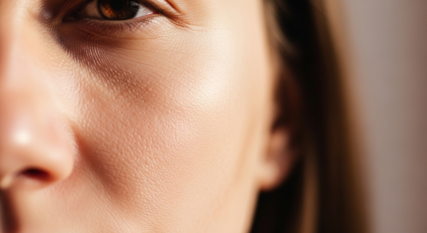 Cận cảnh kết cấu làn da khô và hơi căng trên má của một người phụ nữ, minh họa cho vấn đề da trong mùa lạnh.