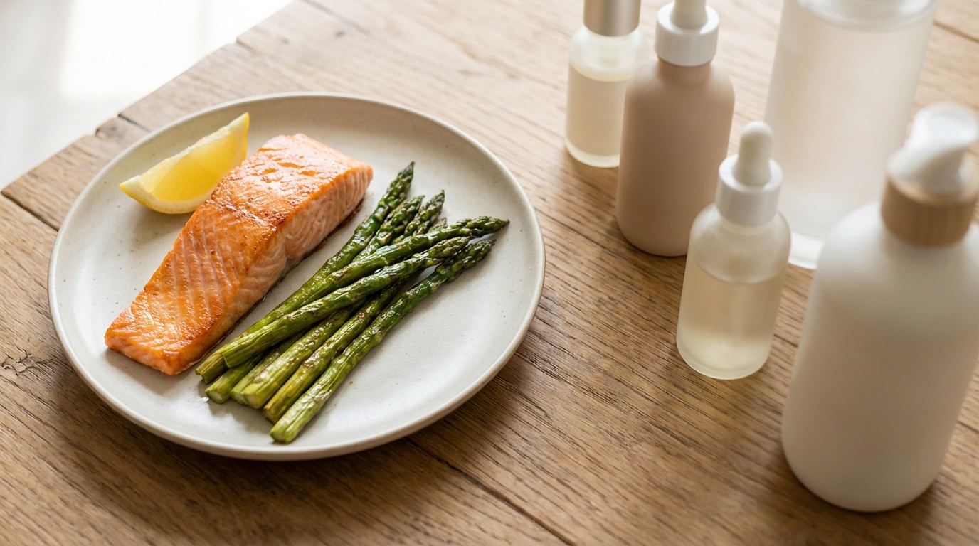 Một đĩa thức ăn lành mạnh với rau củ và cá hồi đặt trên bàn, tượng trưng cho giải pháp trị mụn từ gốc.