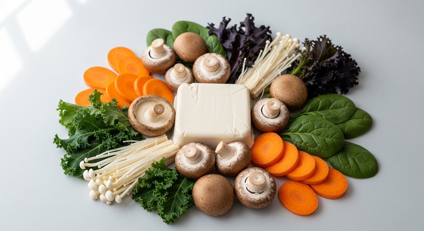 Các nguyên liệu chay tươi ngon như nấm, đậu phụ, cà rốt và rau xanh giàu vitamin và chất chống oxy hóa tốt cho da.