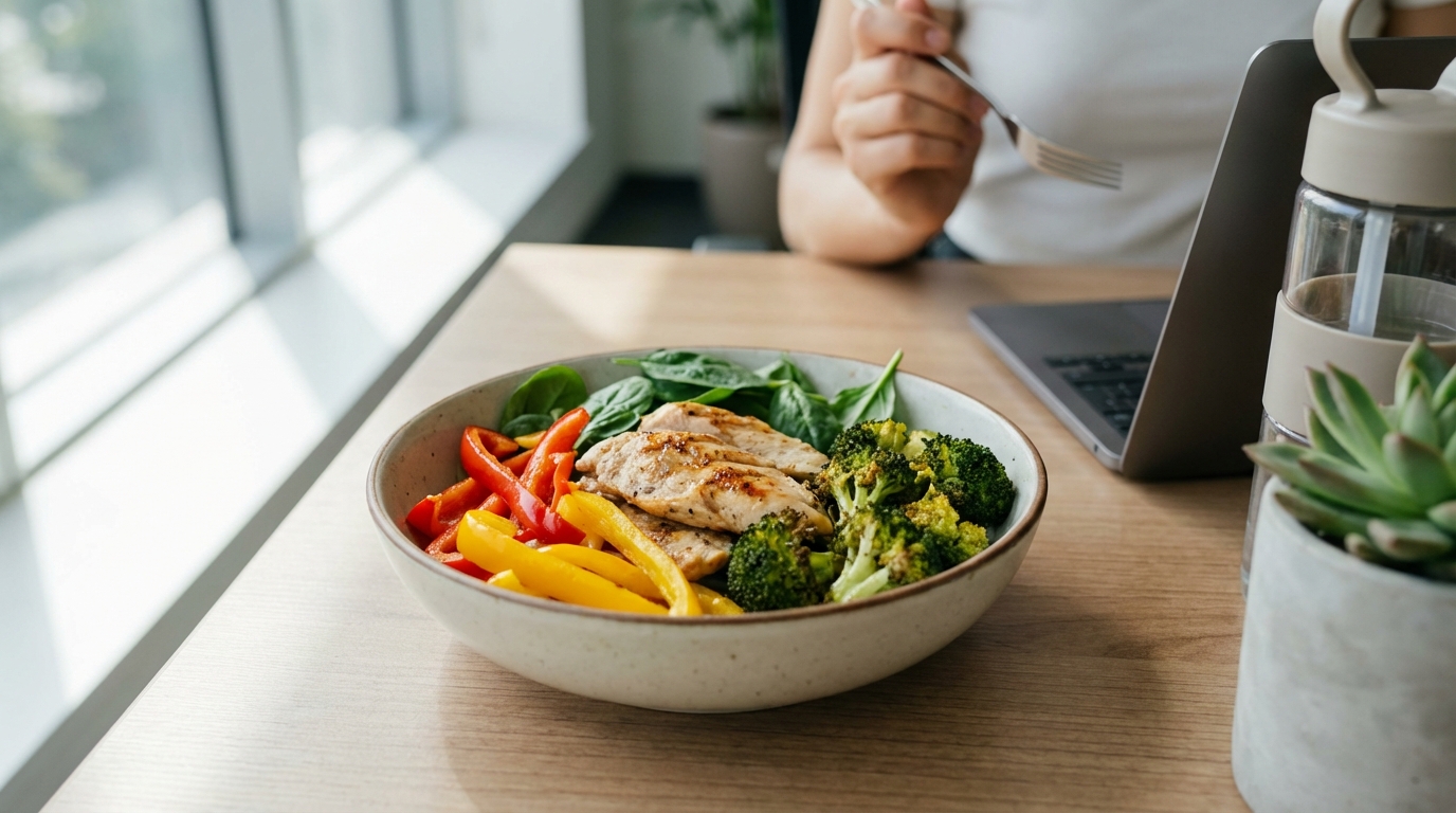 Một bữa trưa văn phòng lành mạnh gồm salad ức gà, ớt chuông, bông cải xanh giúp bổ sung vitamin C tự nhiên.