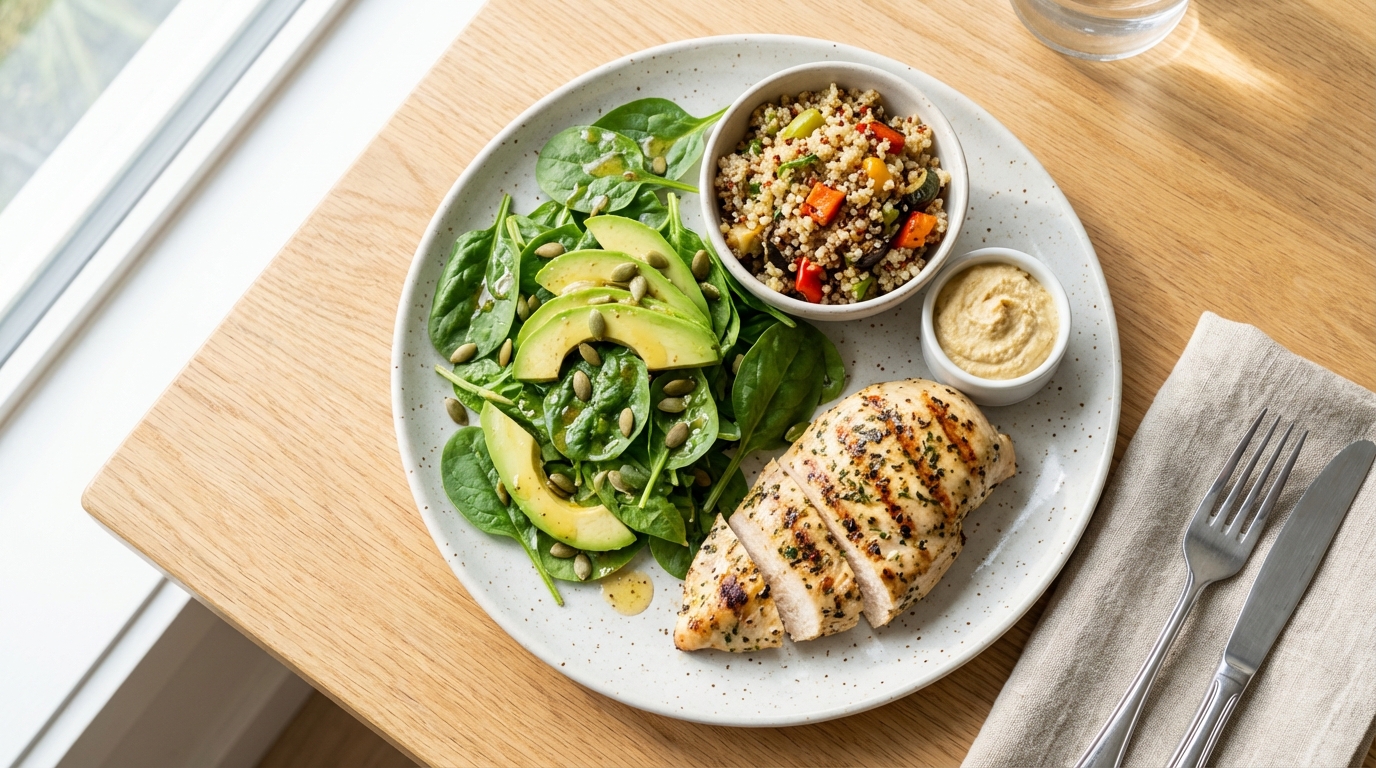 Một bữa trưa cân bằng dinh dưỡng cho tóc gồm ức gà nướng, salad rau bina, hạt bí ngô và vài lát bơ tươi.