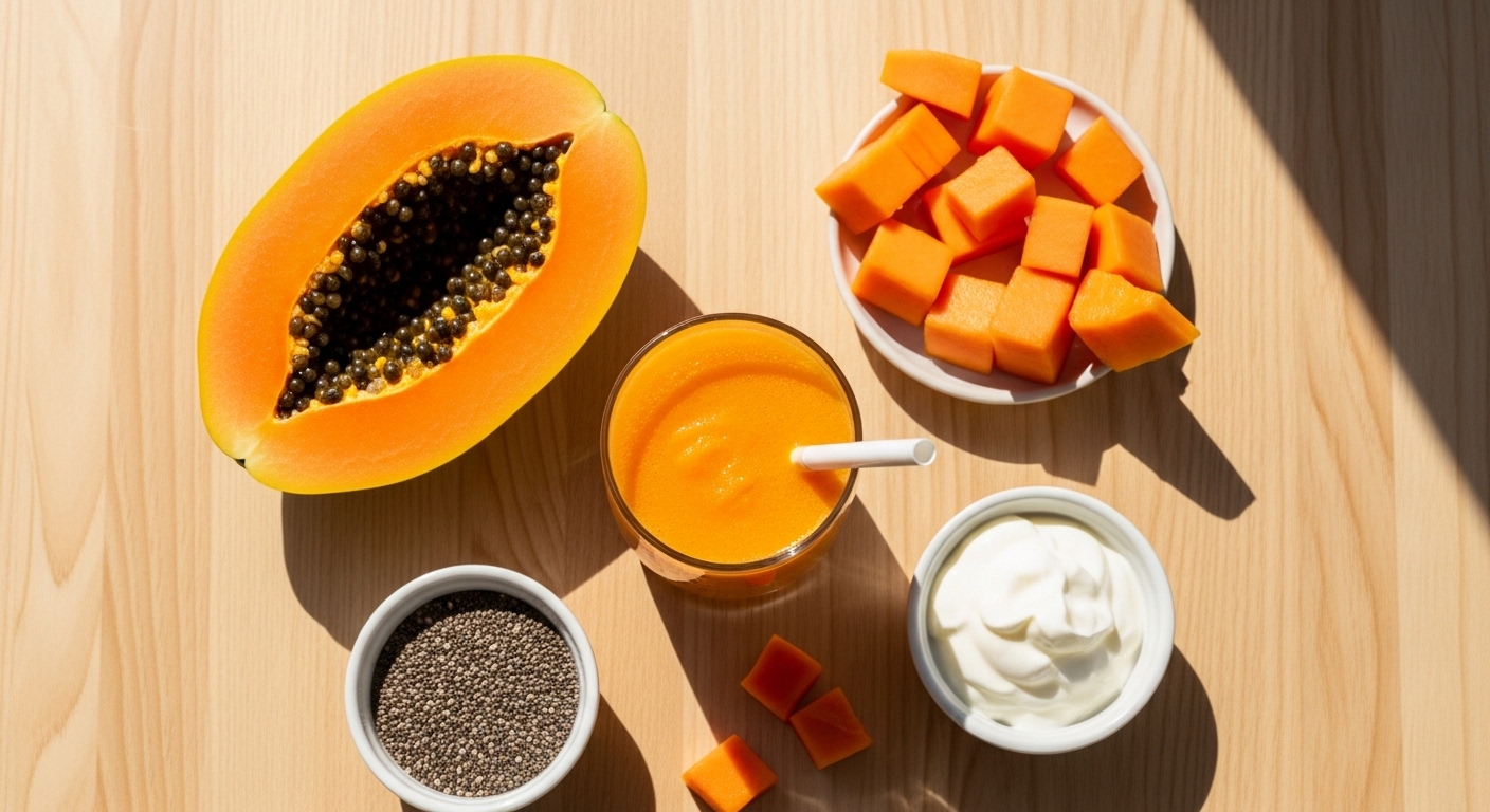 Một ly smoothie đu đủ màu cam đẹp mắt bên cạnh các nguyên liệu như đu đủ chín cắt miếng và hạt chia, gợi ý cho bữa sáng.