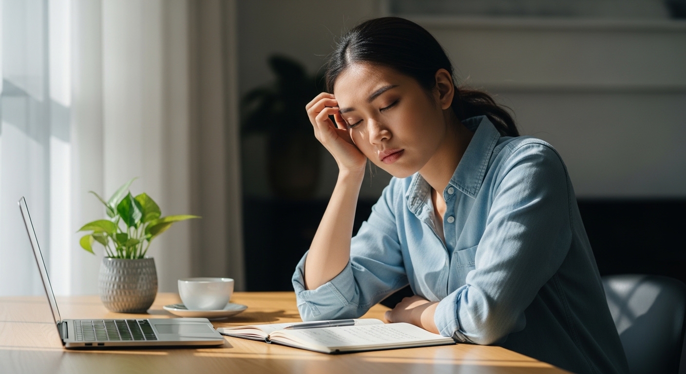 Một phụ nữ hiện đại trông căng thẳng khi làm việc, minh họa cho việc stress mãn tính có thể gây tăng cân, đặc biệt là mỡ bụng.