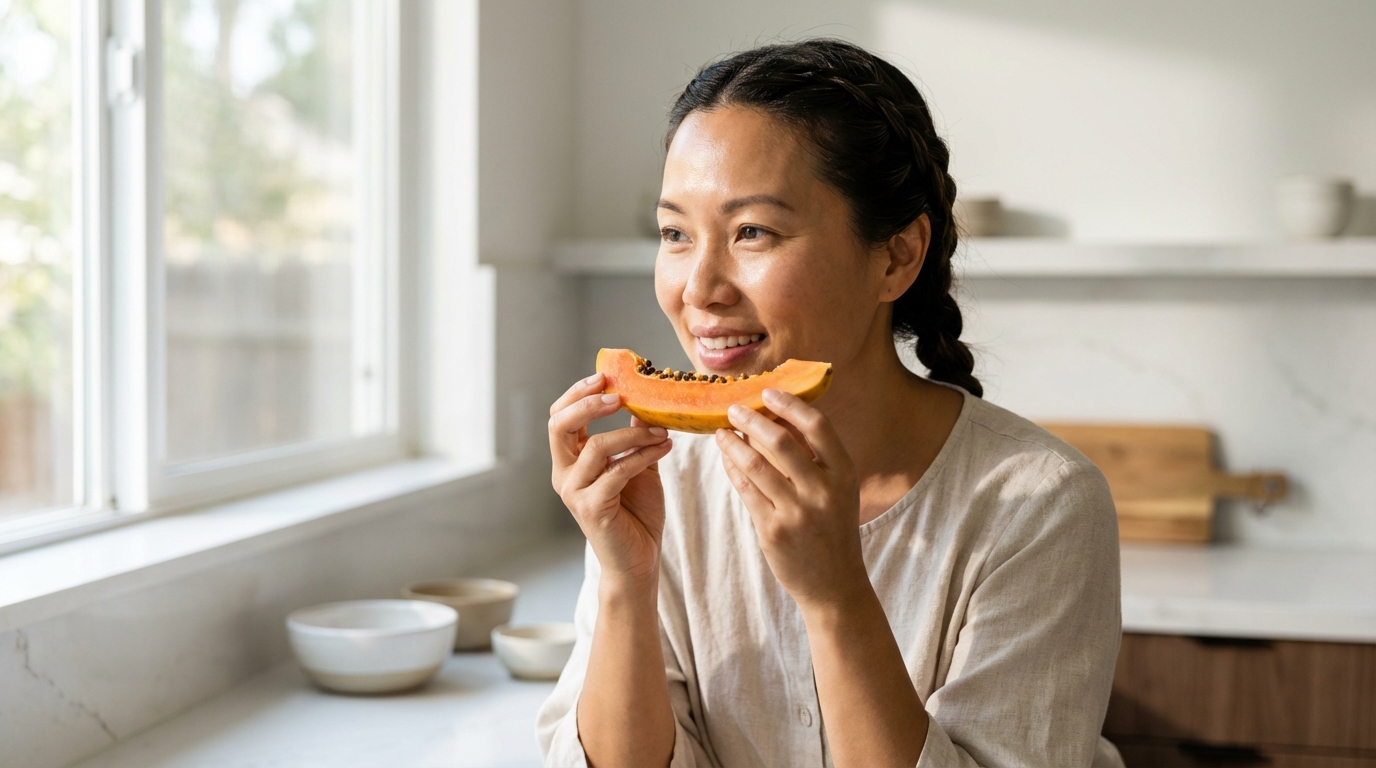 Một phụ nữ sau 30 tuổi ăn đu đủ chín với vẻ mặt khỏe mạnh, minh họa cho giải pháp cân bằng nội tiết từ thực phẩm tự nhiên.