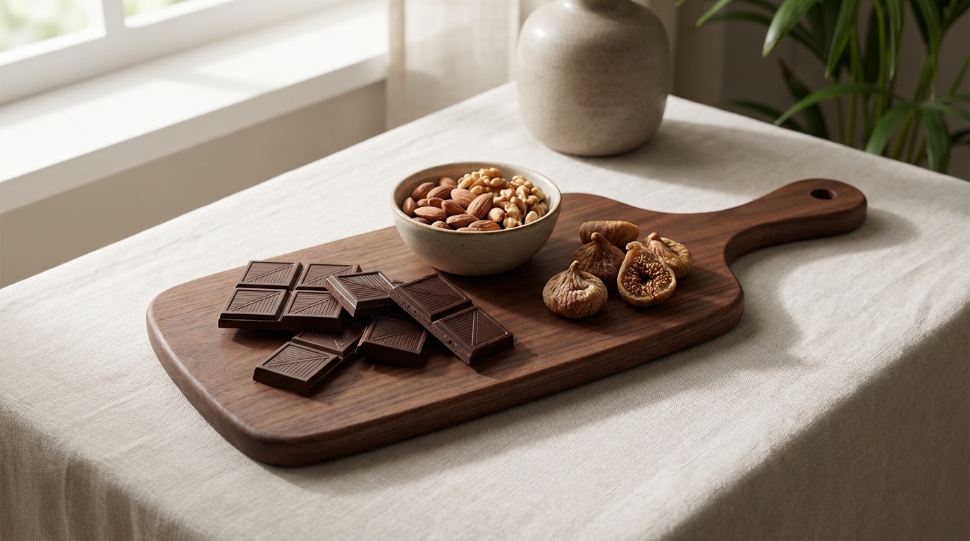 Mứt Tết và nỗi lo mỡ bụng Tết: Cơ chế khoa học & Giải pháp từ chuyên gia 6 Một khay đồ ăn nhẹ lành mạnh ngày Tết bao gồm chocolate đen, các loại hạt và trái cây sấy không đường.