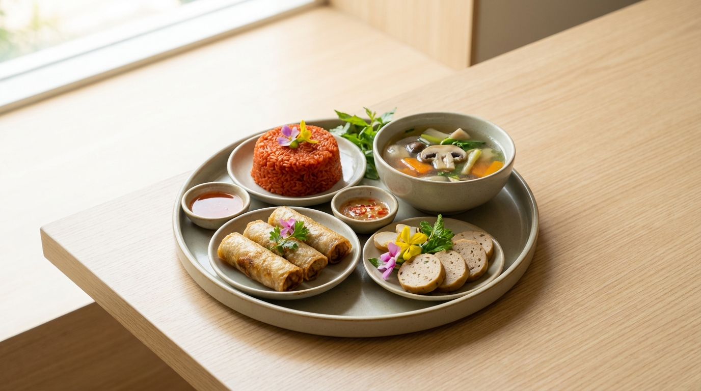 Hình ảnh mâm cỗ chay cúng ông Công ông Táo được bày biện trang trọng với các món chay thanh vị, màu sắc hài hòa.