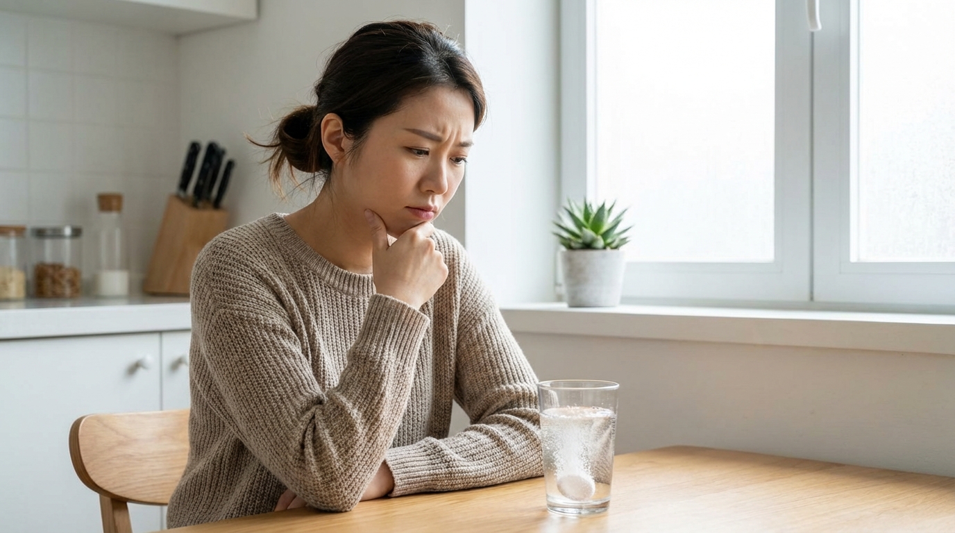 Một người phụ nữ có vẻ mặt băn khoăn khi nhìn viên sủi vitamin C 1000mg đang tan trong ly nước.