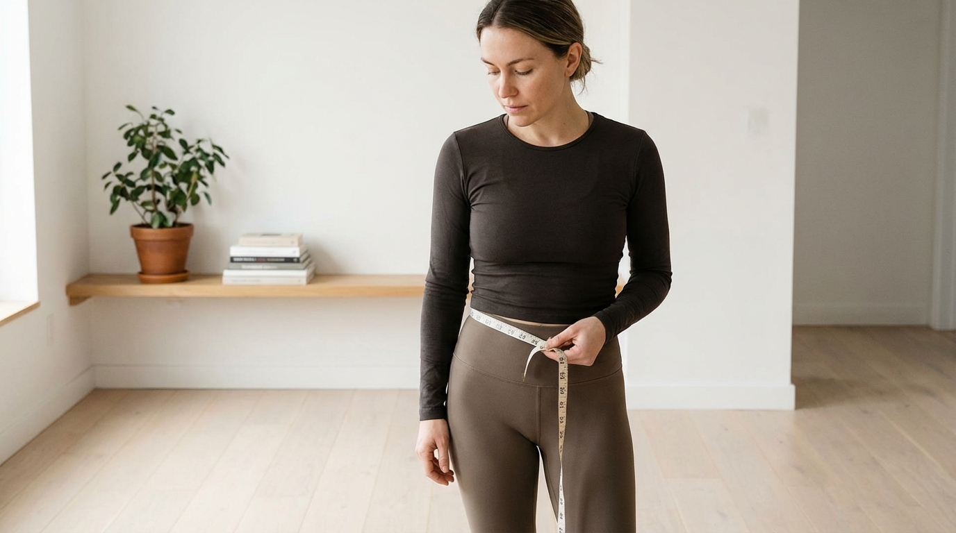 Một phụ nữ dùng thước dây đo vòng eo, thể hiện sự quan tâm đến mỡ bụng và mối liên hệ với sức khỏe chuyển hóa.