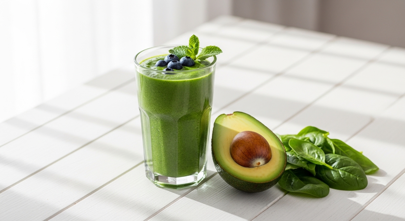 Một ly sinh tố 'Da Sáng Rạng Rỡ' làm từ rau bina, bơ và việt quất.