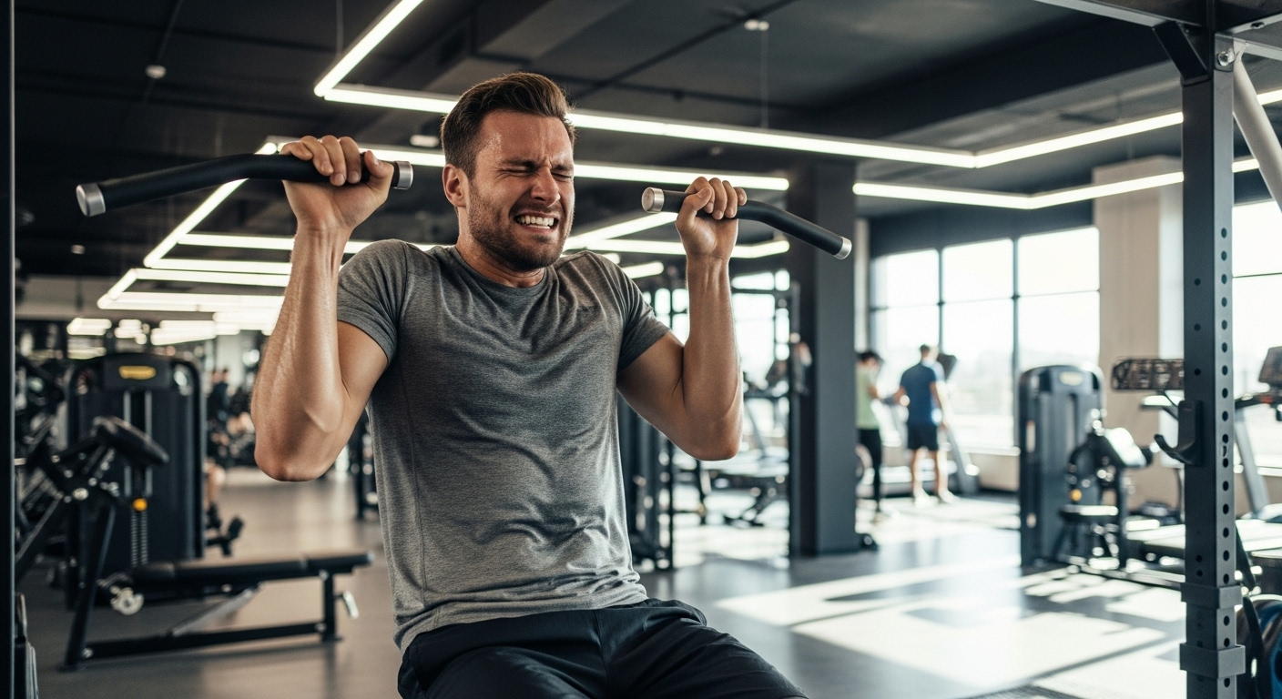 Một người đàn ông mệt mỏi, thiếu ngủ đang gặp khó khăn trong buổi tập gym.