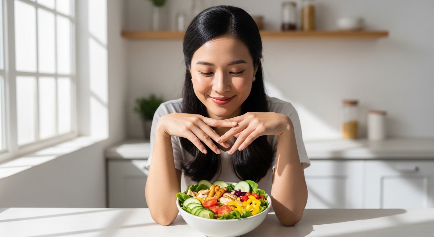 Một người phụ nữ với làn da sáng mịn đang thưởng thức bữa ăn lành mạnh.