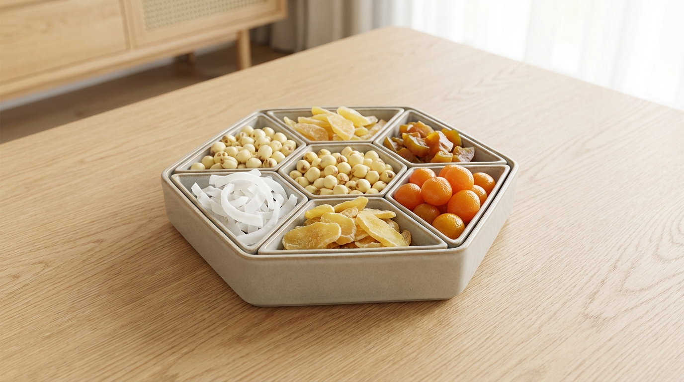 Mứt Tết và nỗi lo mỡ bụng Tết: Cơ chế khoa học & Giải pháp từ chuyên gia 5 Một khay mứt Tết truyền thống đủ màu sắc được bày biện đẹp mắt, tượng trưng cho nguồn năng lượng rỗng.