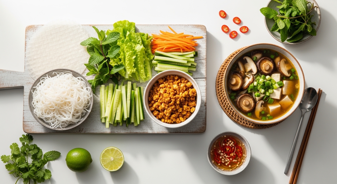 Một bàn ăn bày các món chay gồm xôi gấc, nem nấm rau củ, và canh nấm thập cẩm, thể hiện sự đa dạng của mâm cỗ.