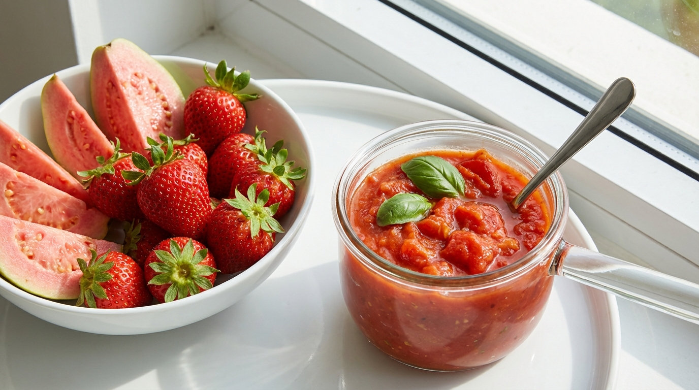 Làn da khỏe từ gốc: Lối đi mới sau khi skincare 10 bước thất bại? 8 Các loại thực phẩm giàu vitamin C và Lycopene như ổi, dâu tây và cà chua được bày biện đẹp mắt.