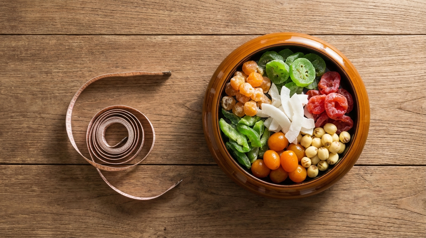 Một hộp mứt Tết truyền thống nhiều màu sắc đặt cạnh một chiếc thước dây, minh họa cho việc đường đơn gây tích mỡ nội tạng và tăng số đo vòng eo.