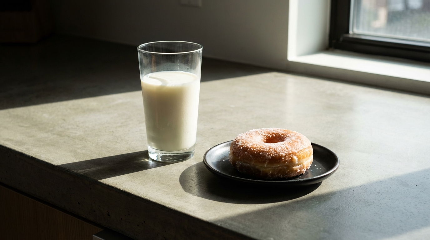 Một ly sữa tách béo đặt cạnh bánh ngọt, minh họa cho những thực phẩm có thể làm tình trạng mụn nặng hơn.