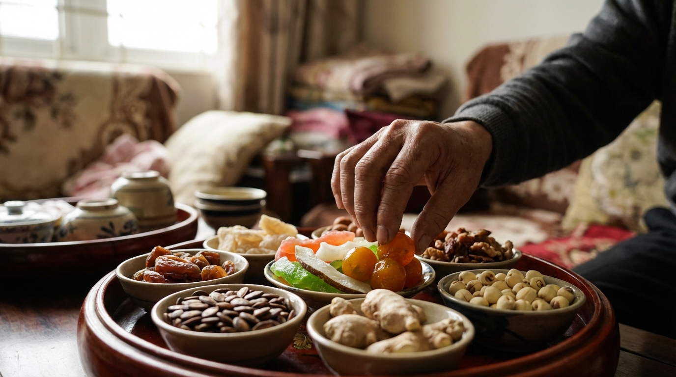 Giữ cân nặng ổn định dịp Tết: 10 chiến lược khoa học không cần kiêng khem 7 Bàn tay đang lấy một miếng mứt Tết từ khay bánh kẹo, minh họa cho sai lầm ăn vặt khi bụng đói.