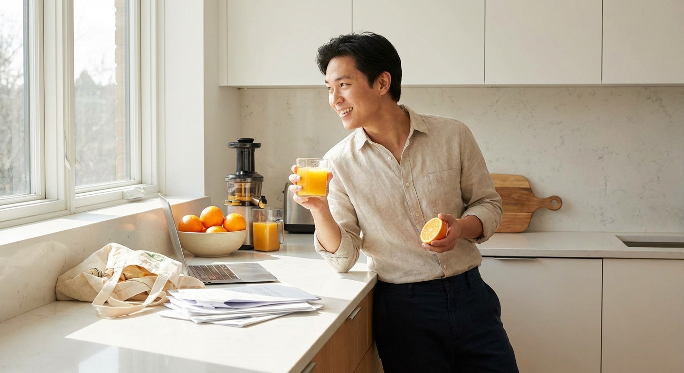 Một người đang uống ly nước cam ép tươi mát trong một buổi sáng bận rộn, thể hiện ưu điểm về sự tiện lợi.