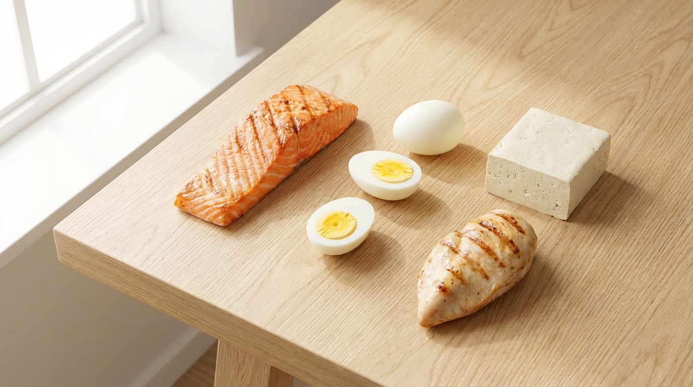 Các nguồn thực phẩm giàu protein tốt cho tóc bao gồm trứng, cá hồi, thịt ức gà, và đậu phụ được bày biện đẹp mắt.