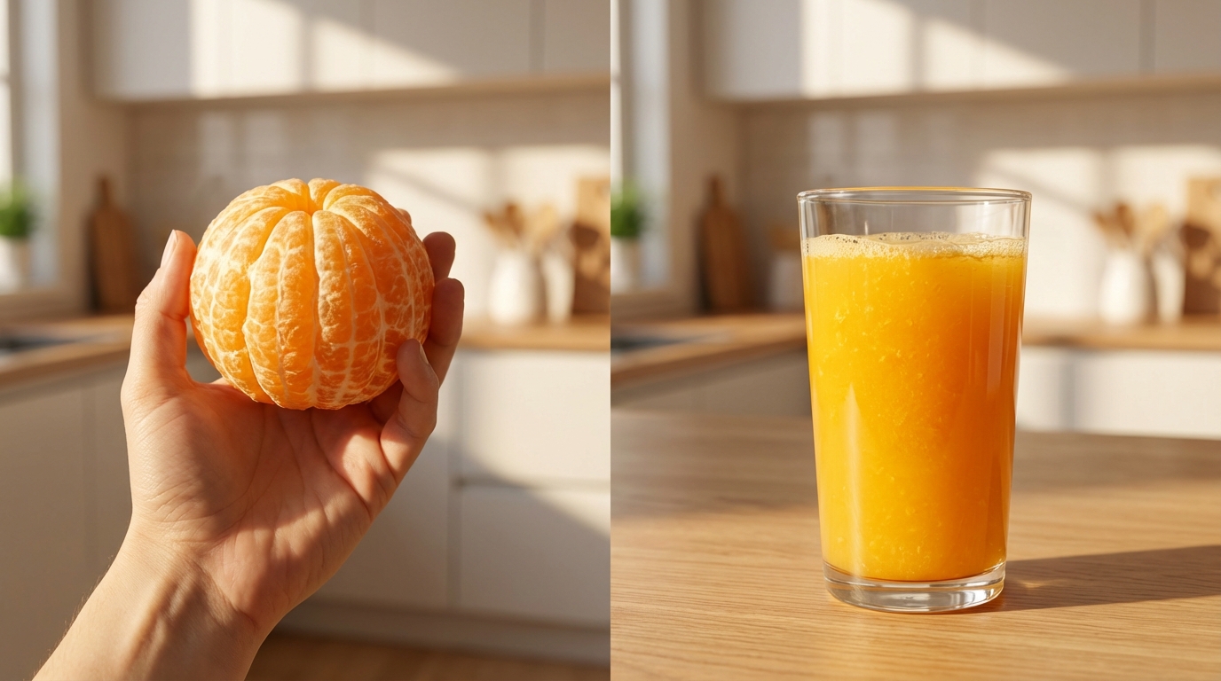Hình ảnh so sánh giữa việc ăn cam cả quả hay uống nước cam ép, thể hiện băn khoăn về cách hấp thu vitamin C tốt nhất.