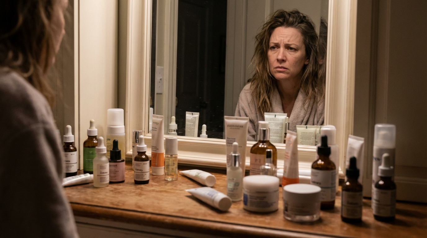 Làn da khỏe từ gốc: Lối đi mới sau khi skincare 10 bước thất bại? 6 Người phụ nữ trông mệt mỏi và thất vọng trước bàn trang điểm lộn xộn với hàng chục chai lọ skincare.