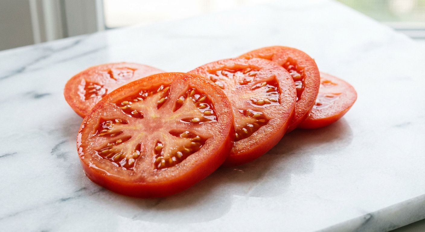 Cận cảnh những lát cà chua tươi mọng, thể hiện hàm lượng lycopene và vitamin C dồi dào giúp chống lại stress oxy hóa.