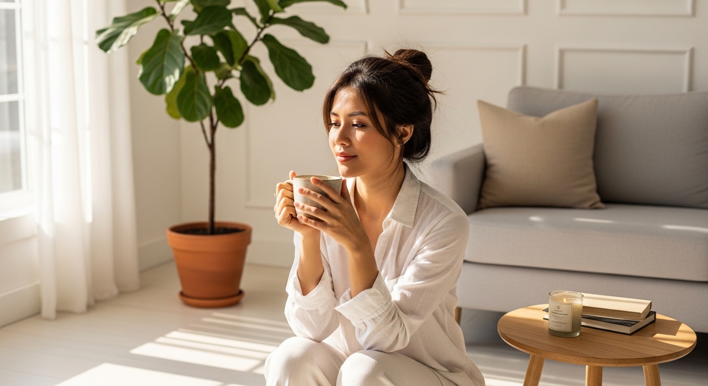 Một phụ nữ đang suy ngẫm về những thói quen uống cà phê sai cách có thể là nguyên nhân khiến cô mệt mỏi và tăng cân.