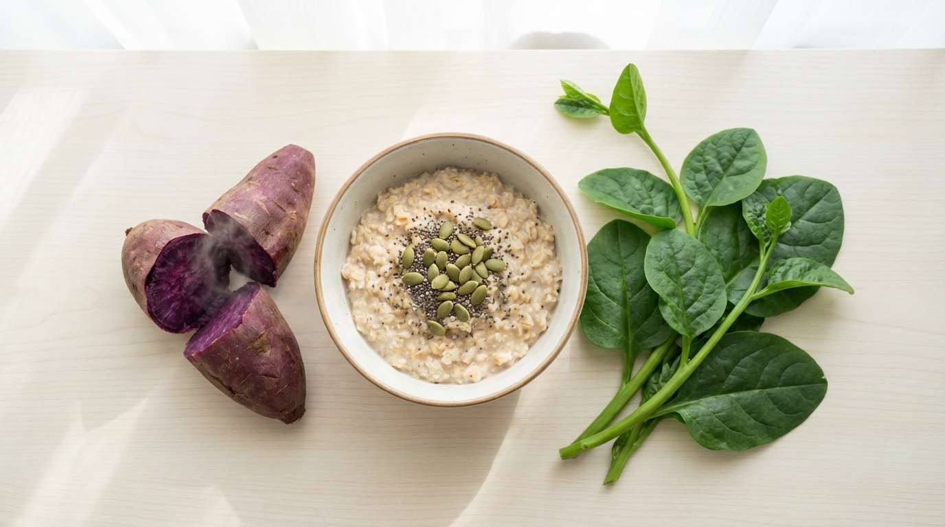 Làn da khỏe từ gốc: Lối đi mới sau khi skincare 10 bước thất bại? 7 Ảnh chụp các loại thực phẩm Việt Nam giàu chất xơ tốt cho đường ruột như khoai lang, rau đay, và yến mạch.