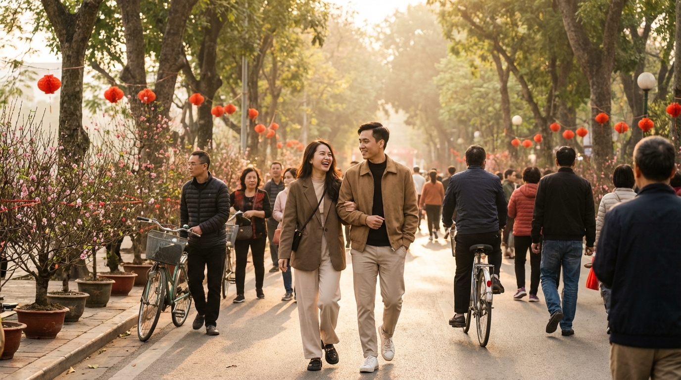 Giữ cân nặng ổn định dịp Tết: 10 chiến lược khoa học không cần kiêng khem 8 Một cặp đôi đang đi bộ nhẹ nhàng trong công viên sau bữa ăn, một thói quen tốt để giữ cân nặng ổn định.