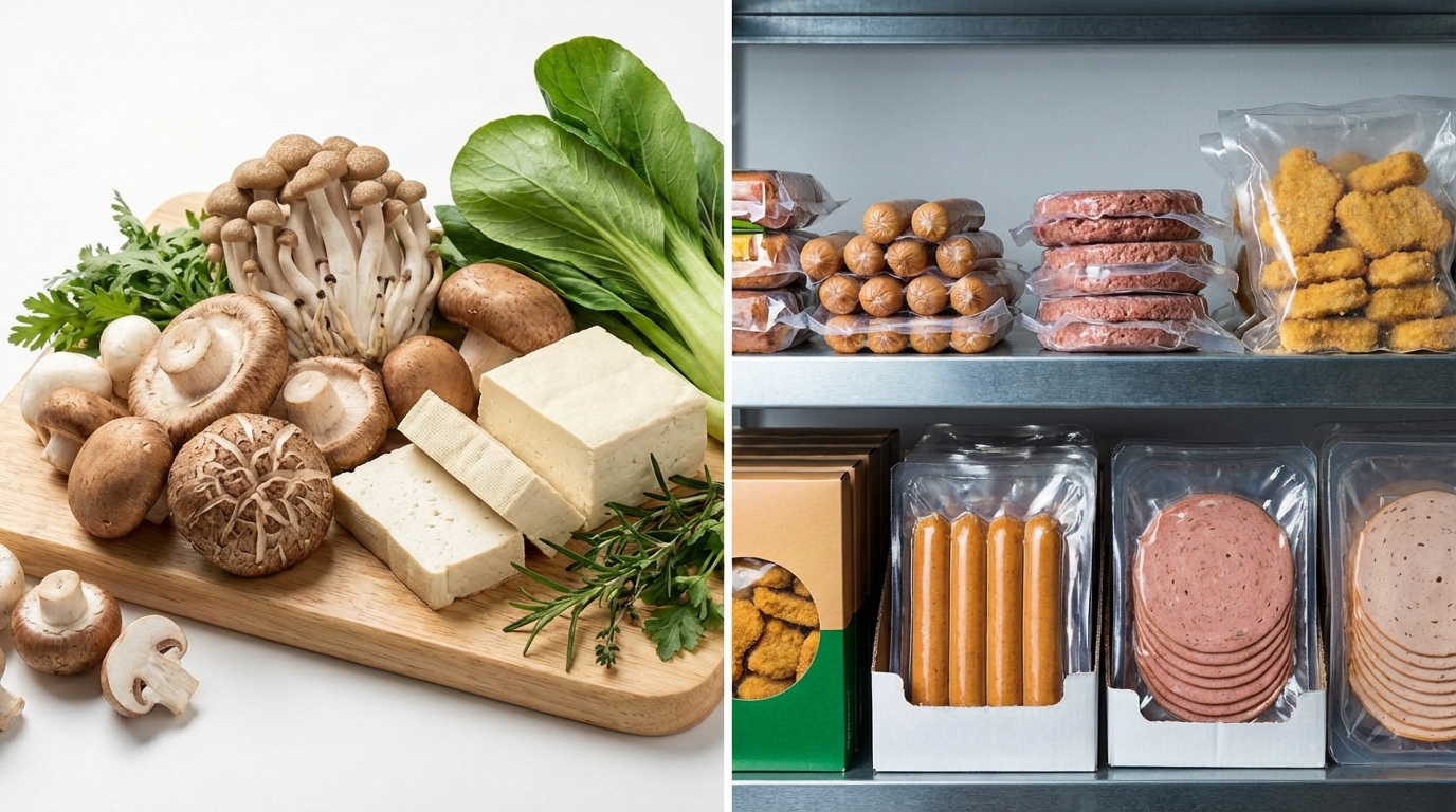 Hình ảnh các sản phẩm đồ chay giả mặn chế biến sẵn chứa nhiều phụ gia không tốt cho mục đích thanh lọc cơ thể.