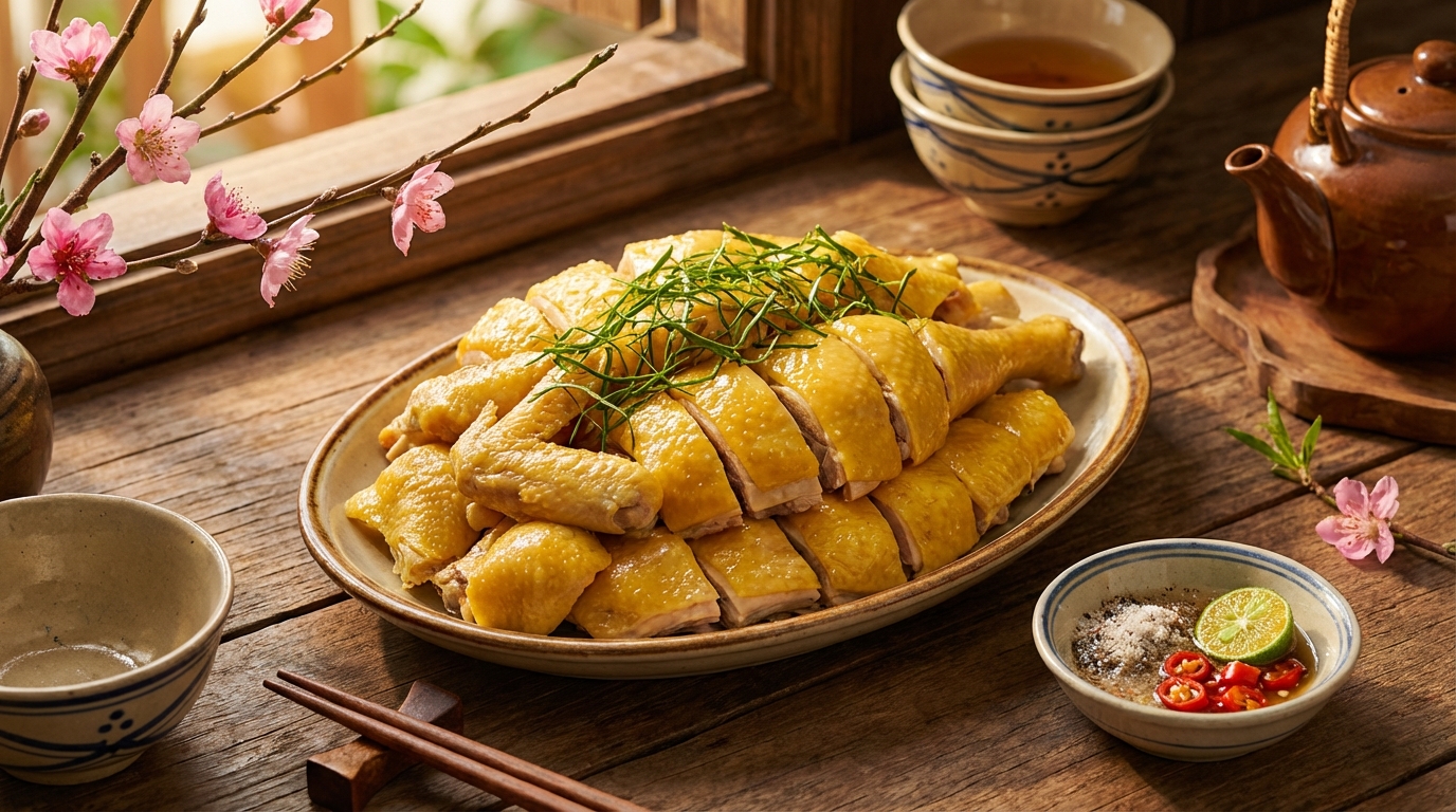 Đĩa gà luộc da vàng óng được chặt khéo léo, bày biện cùng lá chanh thái sợi, là món đạm nạc lý tưởng giúp no lâu và tăng cường trao đổi chất.