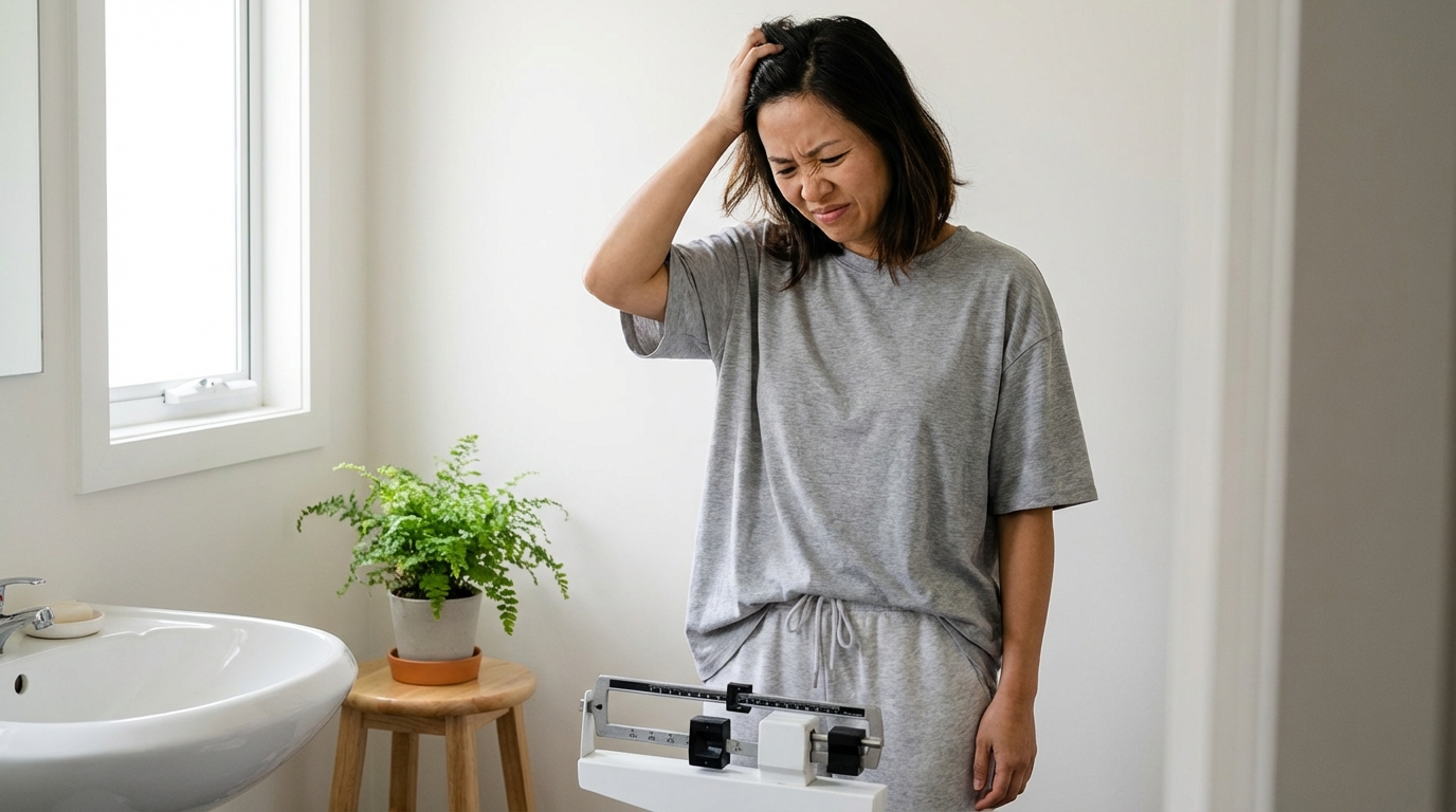 Người phụ nữ bối rối nhìn vào bàn cân, cho thấy việc tăng cân không chỉ vì ăn uống mà còn do nhiều yếu tố phức tạp khác trong cơ thể.