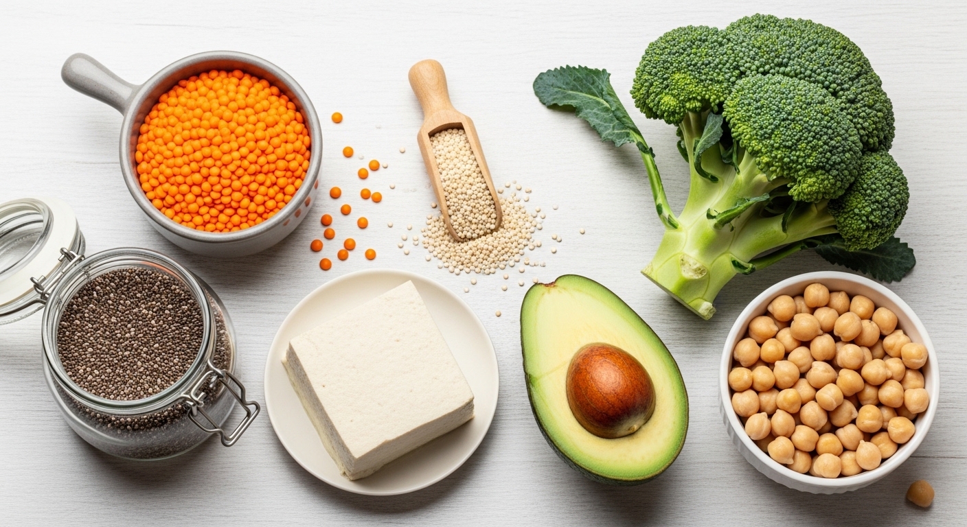 Ảnh chụp các nguyên liệu chay lành mạnh như đậu lăng, diêm mạch, hạt chia, bông cải xanh và quả bơ được sắp xếp đẹp mắt.