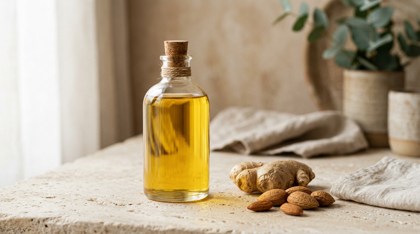 Một chai dầu massage bằng thủy tinh trong suốt với thành phần tự nhiên đặt cạnh vài nhánh gừng và hoa cúc trên nền sáng.