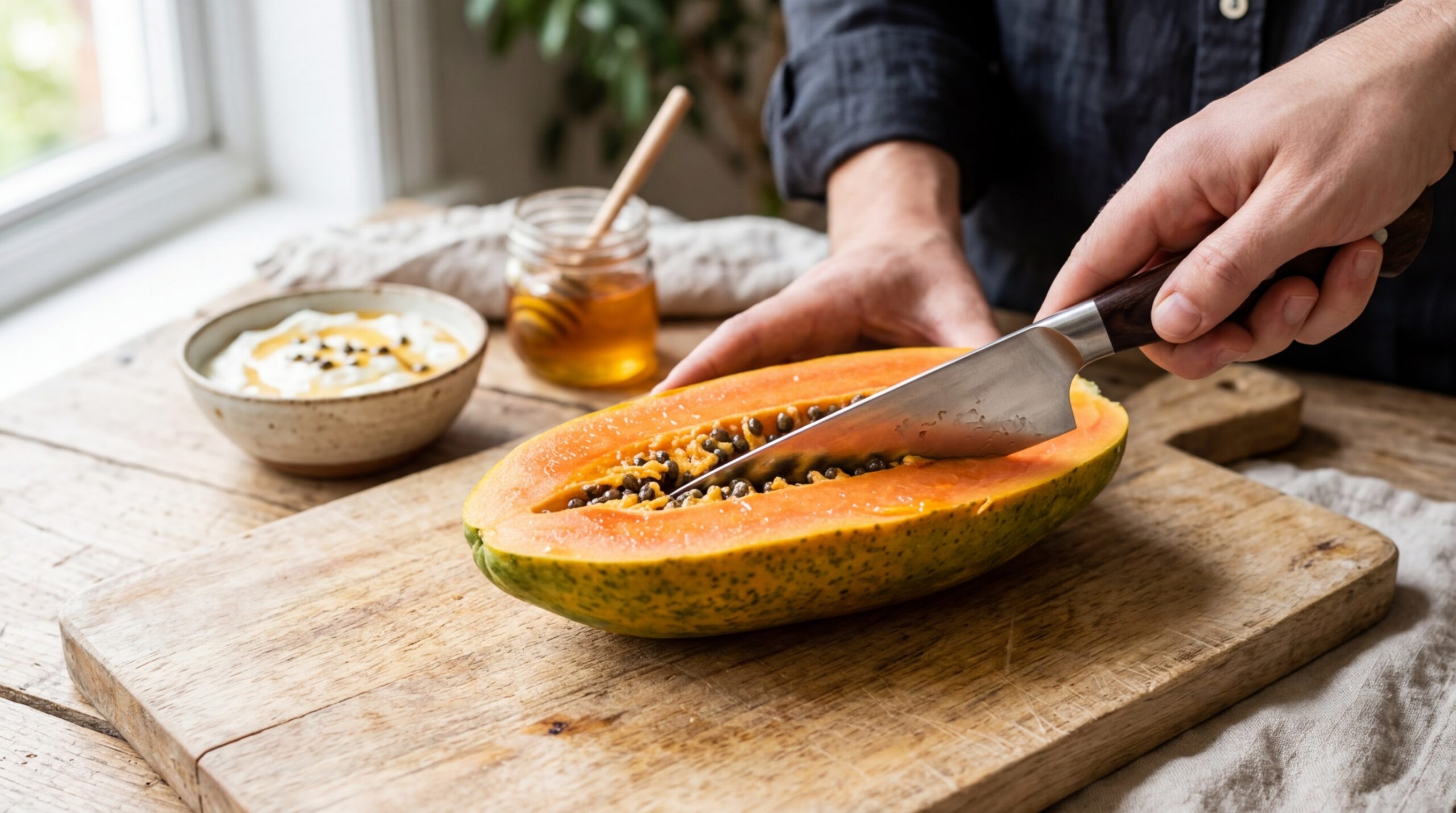 Mặt nạ đu đủ cho da mụn: Khoa học Enzyme Papain & 3 công thức 7 Quả đu đủ ương với vỏ còn xanh và ruột ngả vàng, bên cạnh là một hũ sữa chua Hy Lạp và mật ong.