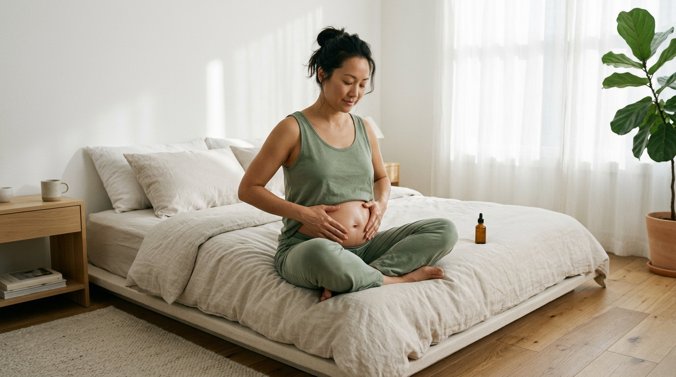 Một phụ nữ đang thực hiện các động tác massage giảm mỡ bụng với dầu dưỡng, một nghi thức chăm sóc cơ thể tại nhà.