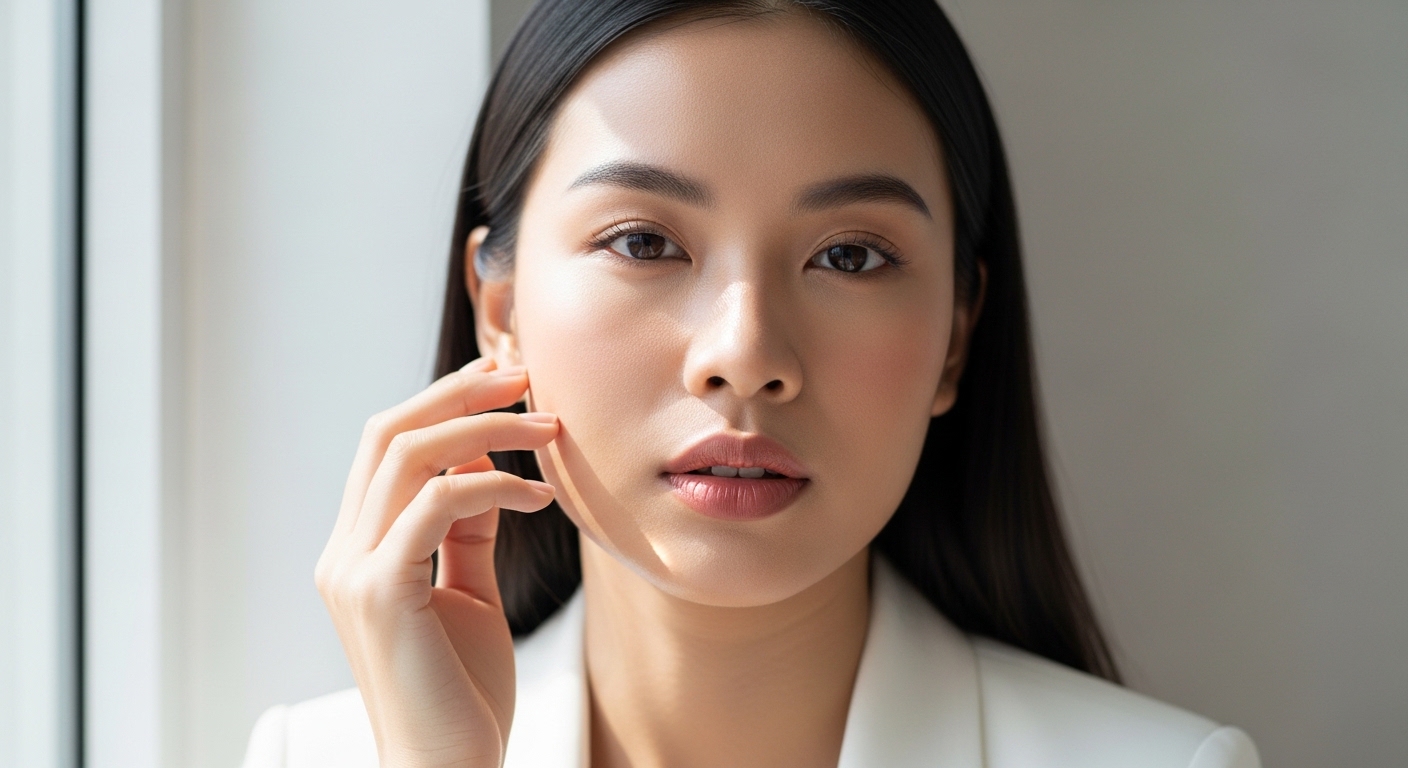 Cận cảnh gương mặt một người phụ nữ châu Á có lớp trang điểm không bóng nhờn, làn da mịn màng và rạng rỡ.