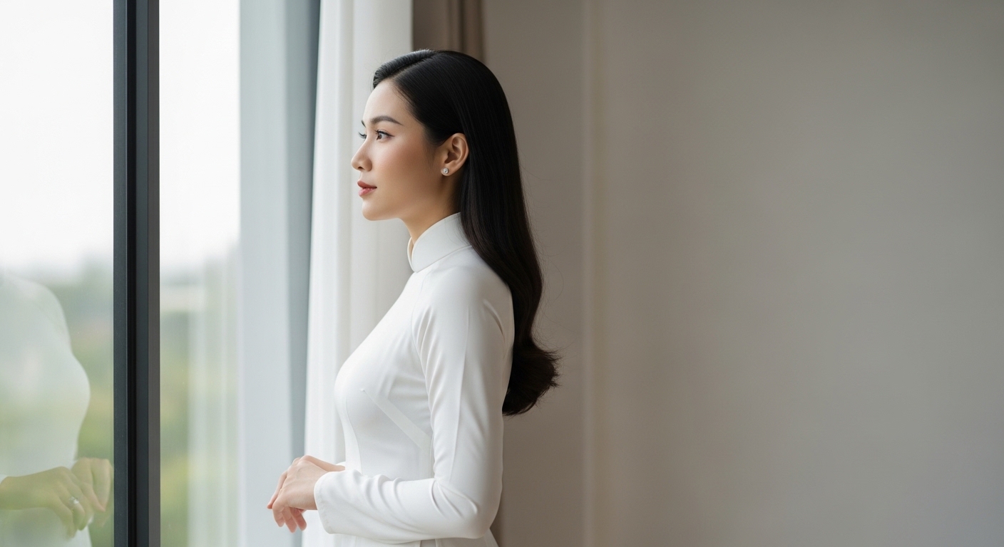 Một phụ nữ Việt Nam duyên dáng thể hiện cách tạo dáng với áo dài trắng bên cửa sổ, toát lên thần thái tự tin và thanh lịch.