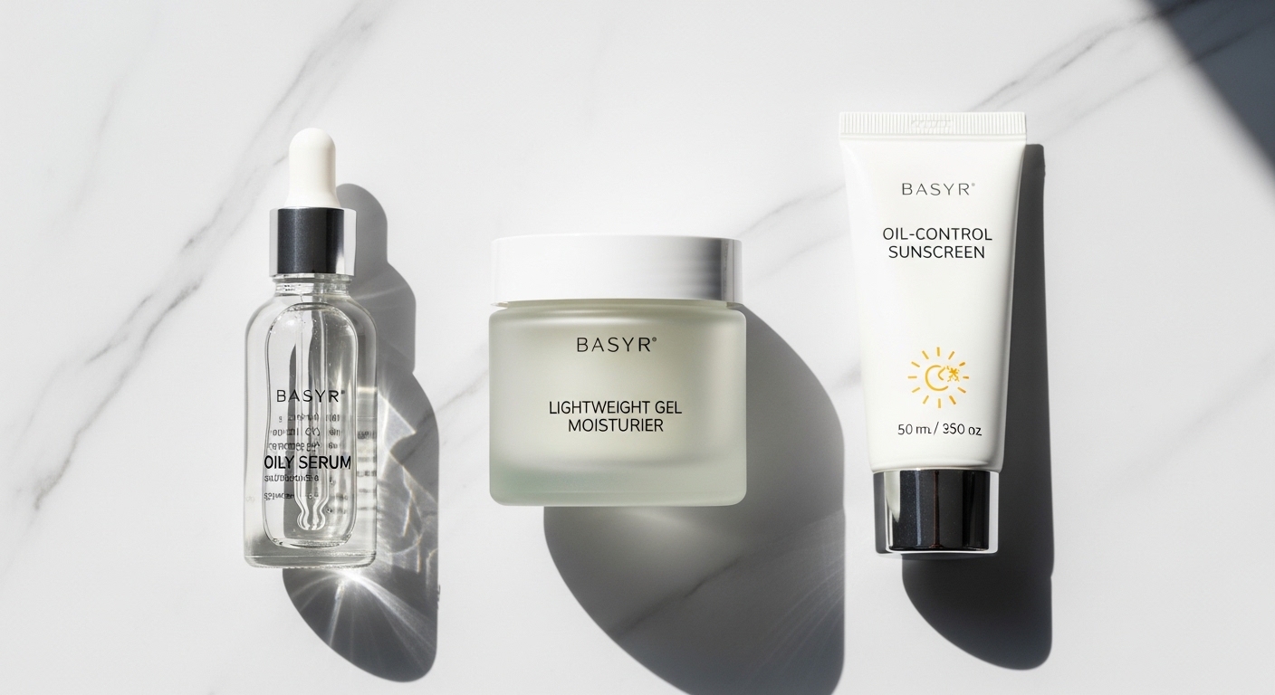 Các sản phẩm skincare kiềm dầu như serum, gel dưỡng và kem chống nắng được sắp xếp trên nền sáng.