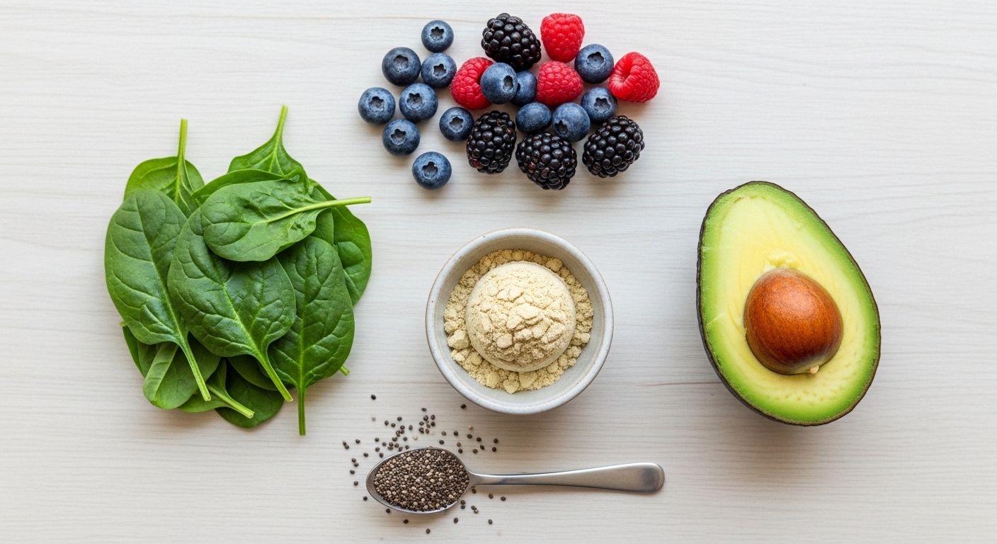 Các thành phần làm sinh tố được bày biện trên bàn, gồm bột protein, rau cải bó xôi, quả mọng và nửa quả bơ.