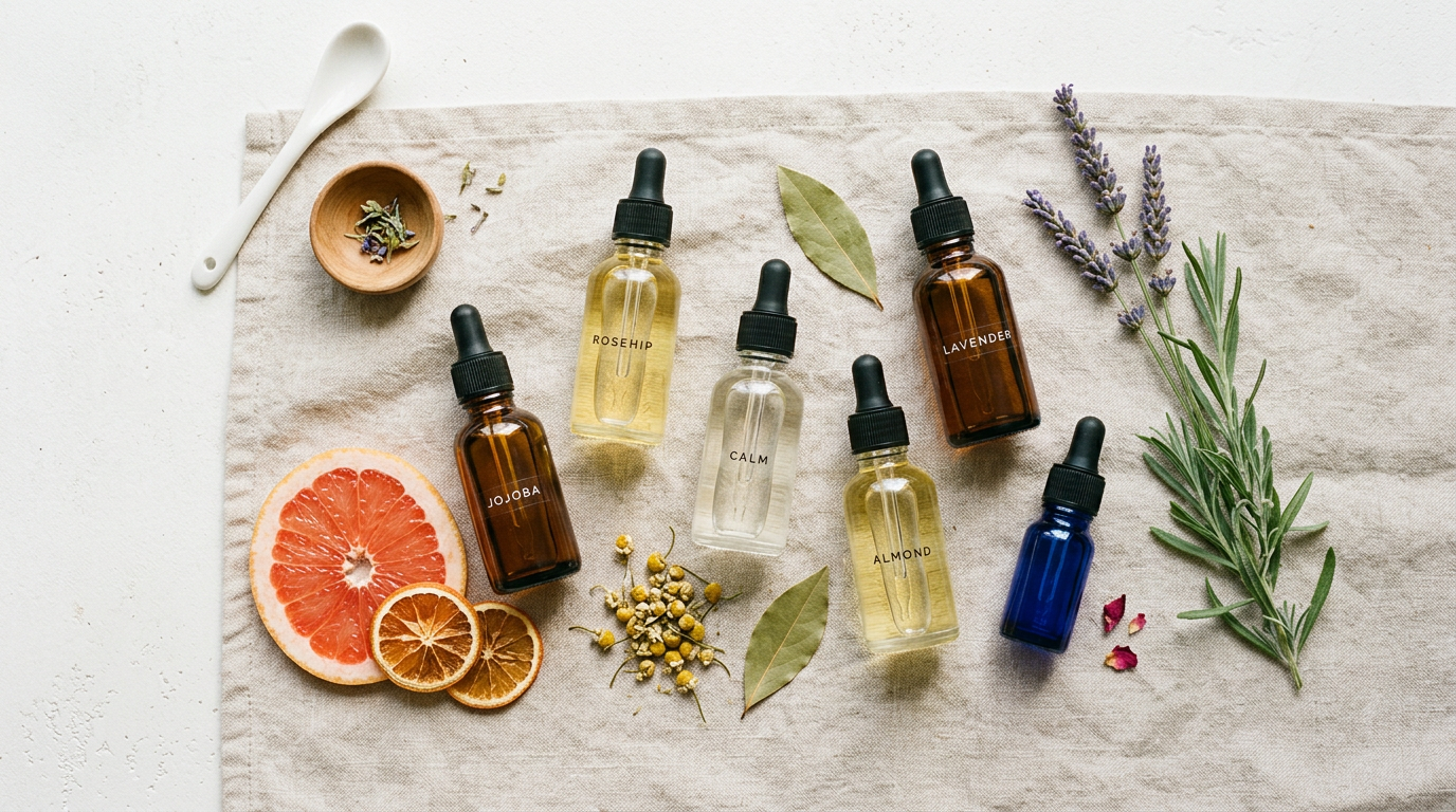 Các loại dầu nền như dầu dừa, jojoba và tinh dầu gừng, bưởi được bày trí đẹp mắt để chọn làm dầu massage.